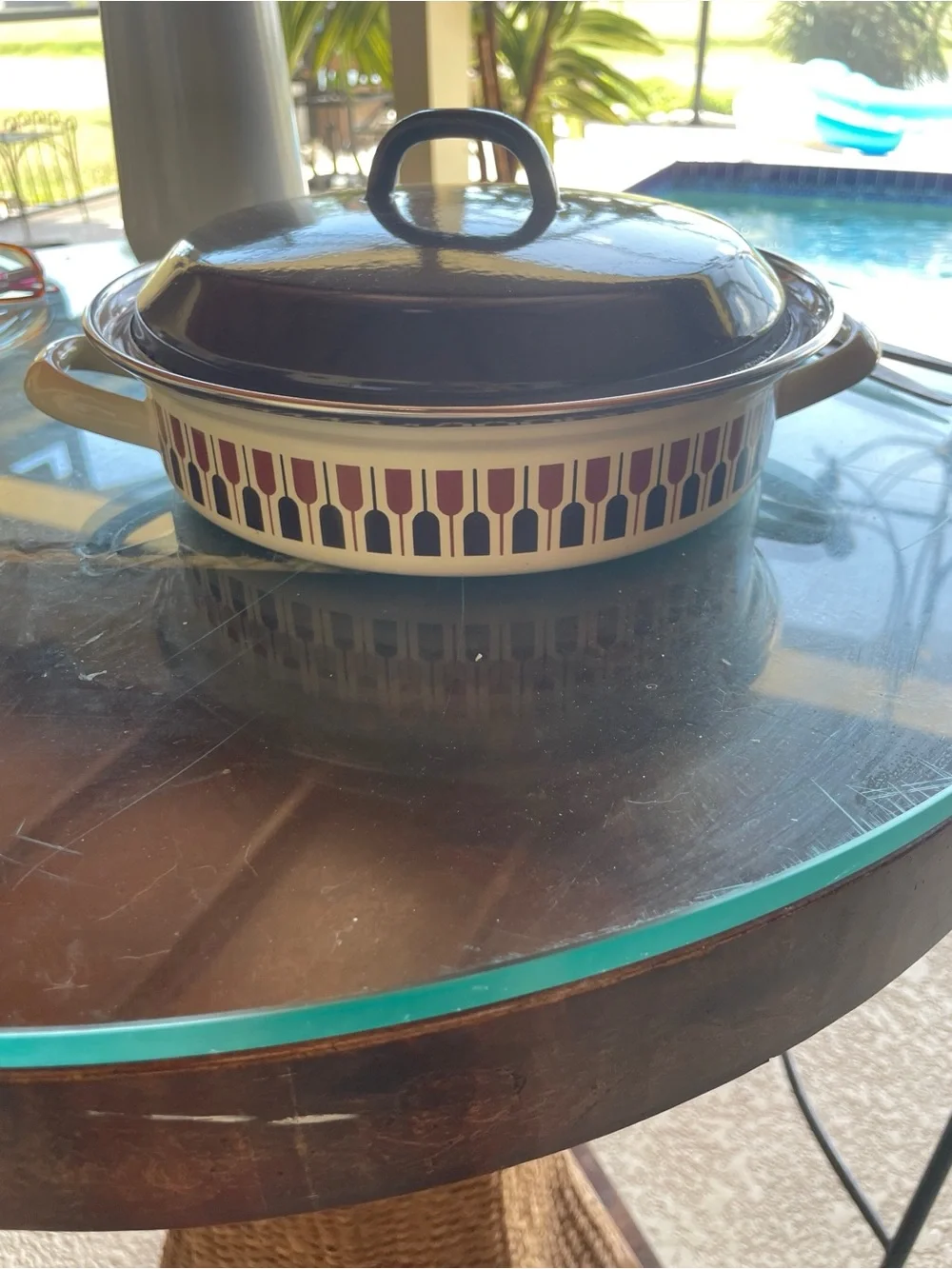 Moneta Italy Enamel  Covered Casserole Dish Geometric Retro MCM Vintage